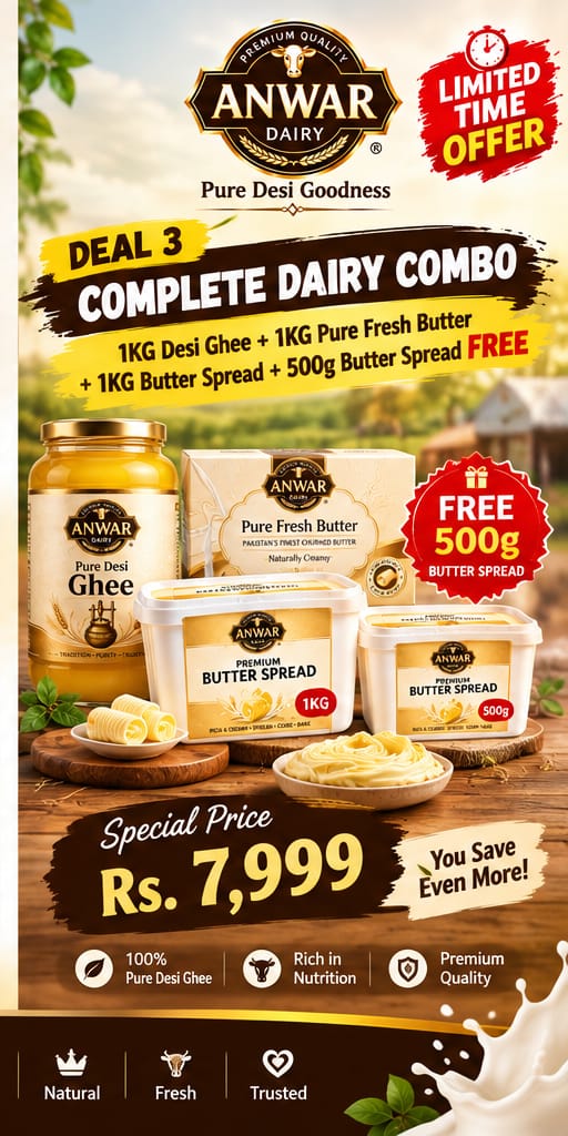 Anwar Dairy Premium Combo Deal | 1KG Pure Desi Ghee + 1KG Fresh Butter + 1KG Butter Spread + 500G FREE