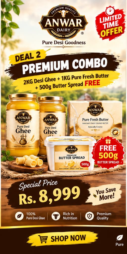 Anwar Dairy Premium Combo Deal | 2KG Pure Desi Ghee + 1KG Pure Fresh Butter + 500G Butter Spread FREE