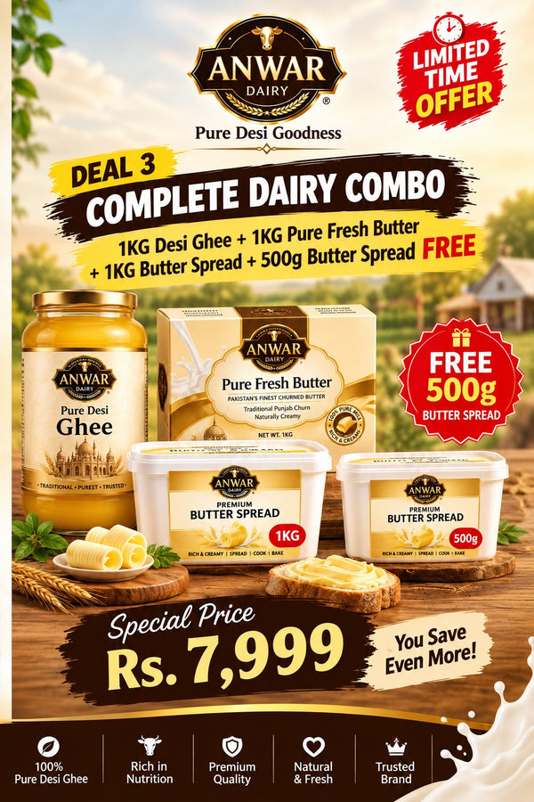 Anwar Dairy Premium Combo Deal | 1KG Pure Desi Ghee + 1KG Fresh Butter + 1KG Butter Spread + 500G FREE