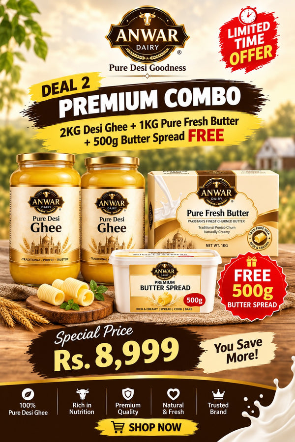 Anwar Dairy Premium Combo Deal | 2KG Pure Desi Ghee + 1KG Pure Fresh Butter + 500G Butter Spread FREE