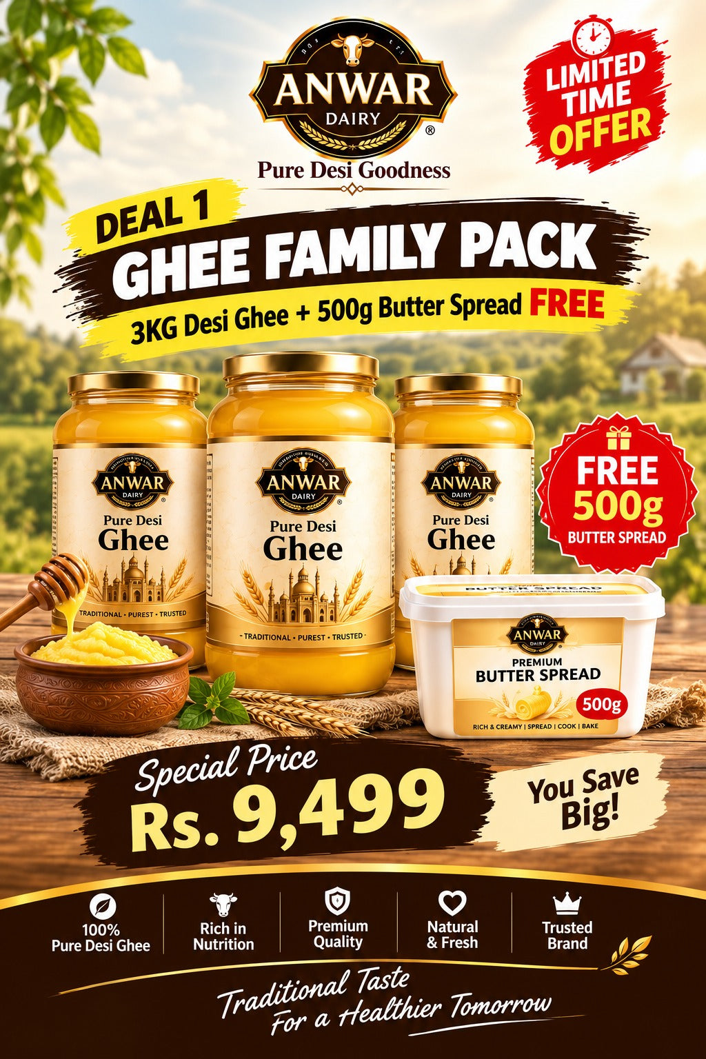 Anwar Dairy Ghee Family Pack | 3KG Pure Desi Ghee + 500G Butter Spread FREE | Special Deal